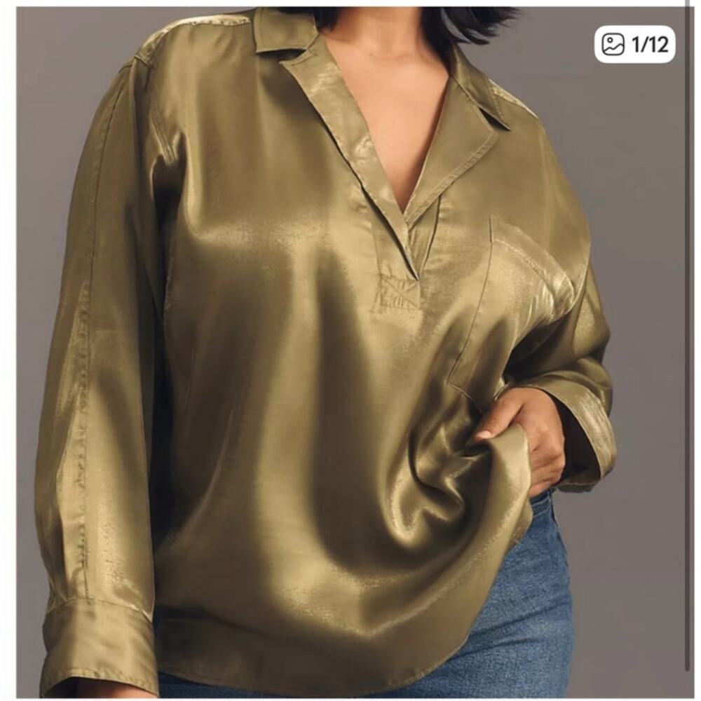 Anthropologie Pilcro Long Sleeve shine Olive Green Satin Blouse